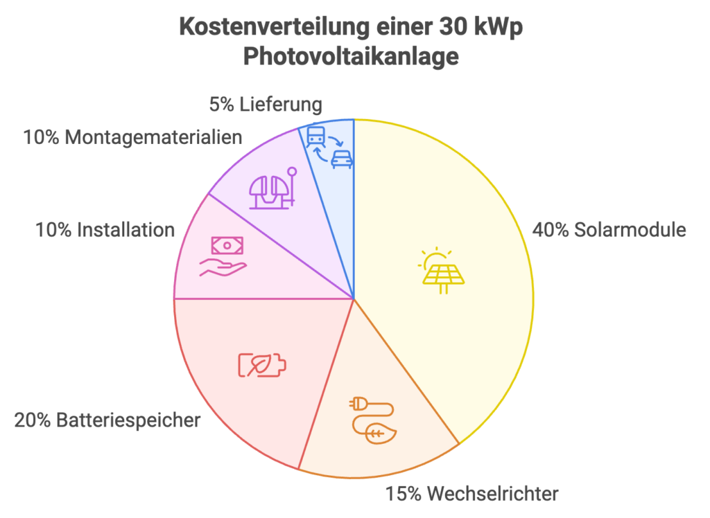 Die Kostenverteilung einer 30 kWp PV-Anlage ist wie folgt: 5% Lieferung, 10% Montagematerialien, 10% Installation, 20% Batteriespeicher, 15% Wechselrichter, 40% Solarmodule.