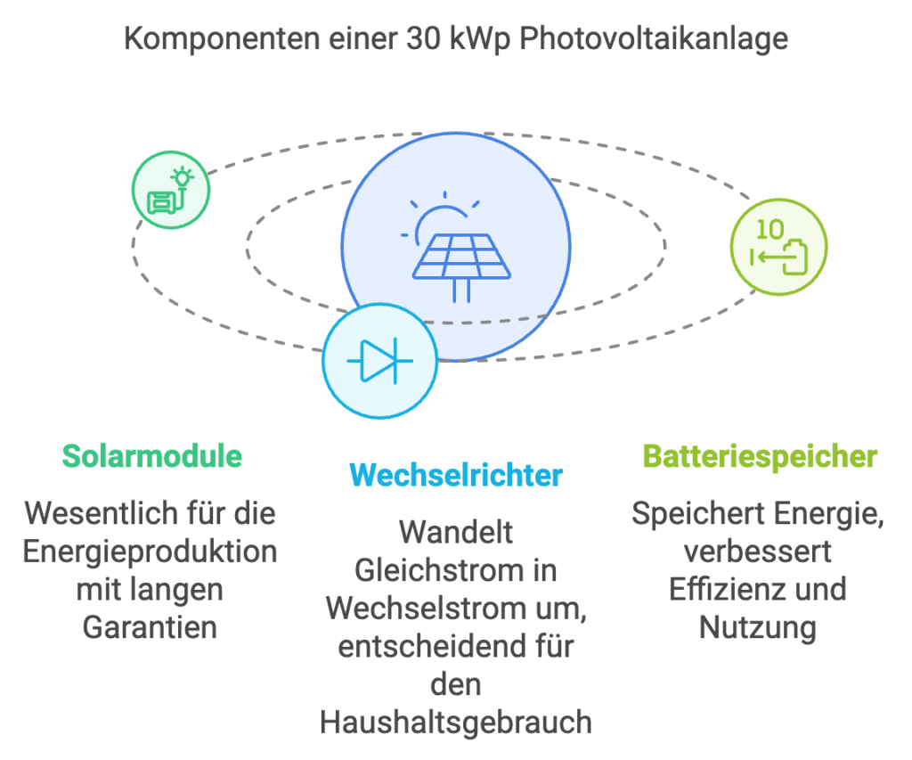 Was kostet eine 30 kWp Photovoltaikanlage mit Speicher? Solarmodule, Wechselrichter und Batteriespeicher sind Komponenten, die den Großteil der Gesamtkosten ausmachen.