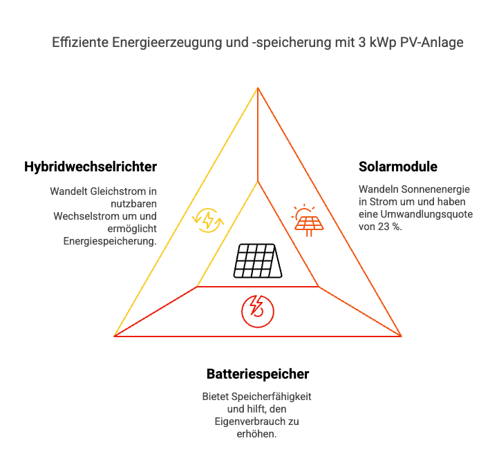 Solarmodule, Batteriespeicher und Hybridwechselrichter sind wichtige Komponenten einer 3 kWp Pv-anlage mit Speicher.