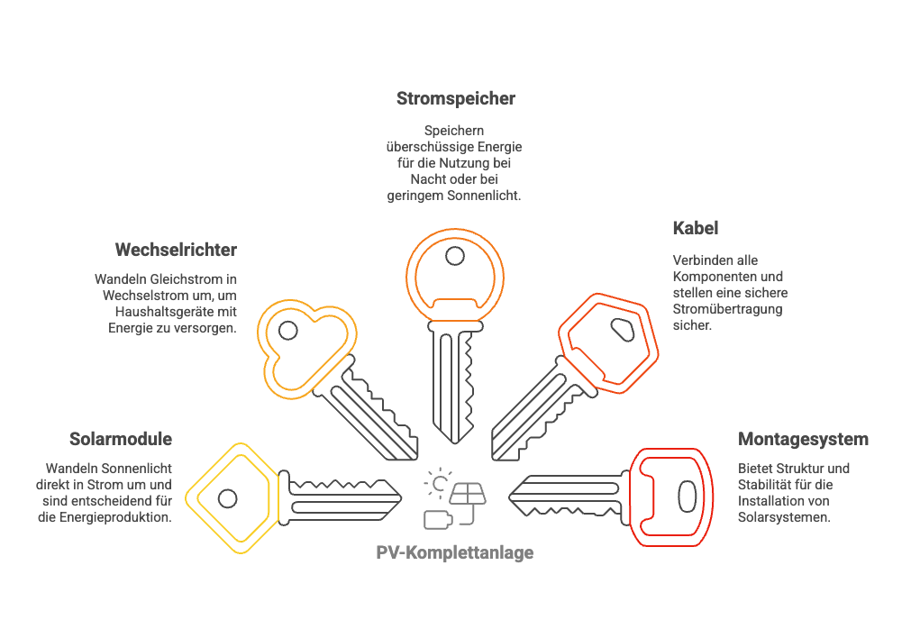 Solarmodule, Wechselrichter, Stromspeicher, Kabel und Montagesystem sind Bestandteile einer PV Komplettanlage.