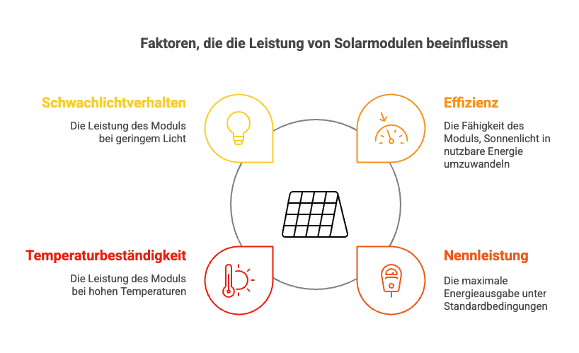 Solarmodule Test 2025: Schwachlichtverhalten, Effizienz, Temperaturbeständigkeit und Nennleistungen sind Faktoren, die die Leistung von Solarmodulen beeinflussen.